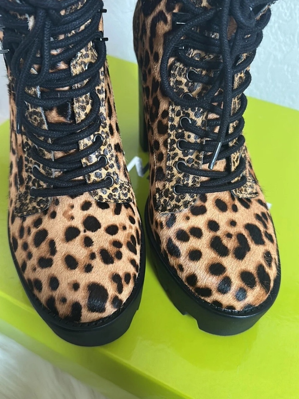 Gianni Bini Leopard Print Lace-Up Platform Ankle Boots - Tan/Black - Picture 6 of 7